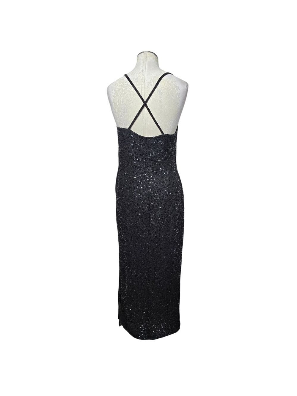 Scala Black Sequin Beaded V Neck Maxi Front Zip Vintage Silk Slit Maxi Dress M - Picture 8 of 12